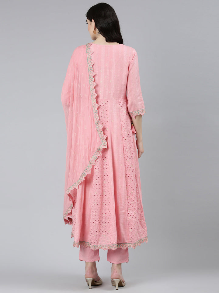 Neerus Pink printed ethnic straight kurta set with trouser and dupatta - side view