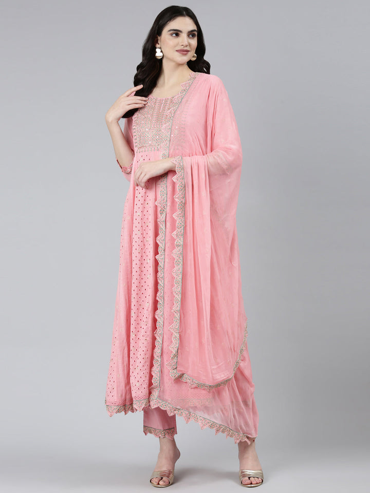 Neerus Pink printed ethnic straight kurta set with trouser and dupatta - detail view 2