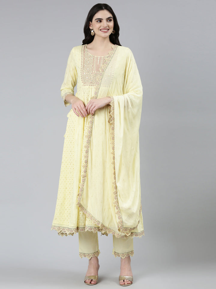 Neerus Yellow printed ethnic kurta set with trouser and dupatta - front view
