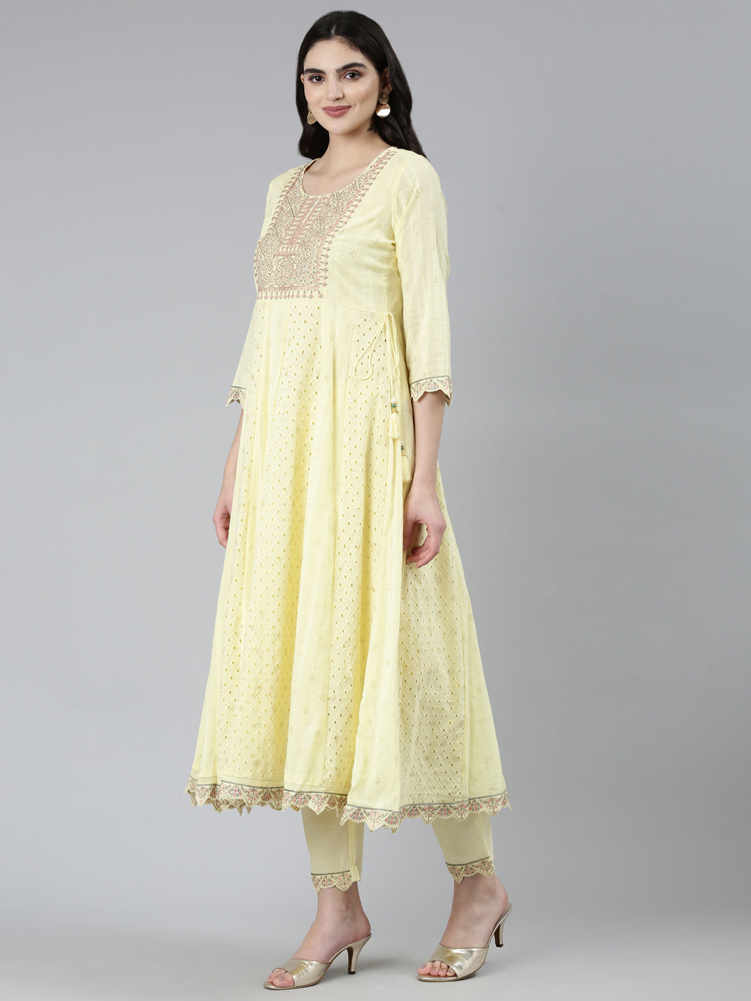 Neerus Yellow printed ethnic kurta set with trouser and dupatta - back view