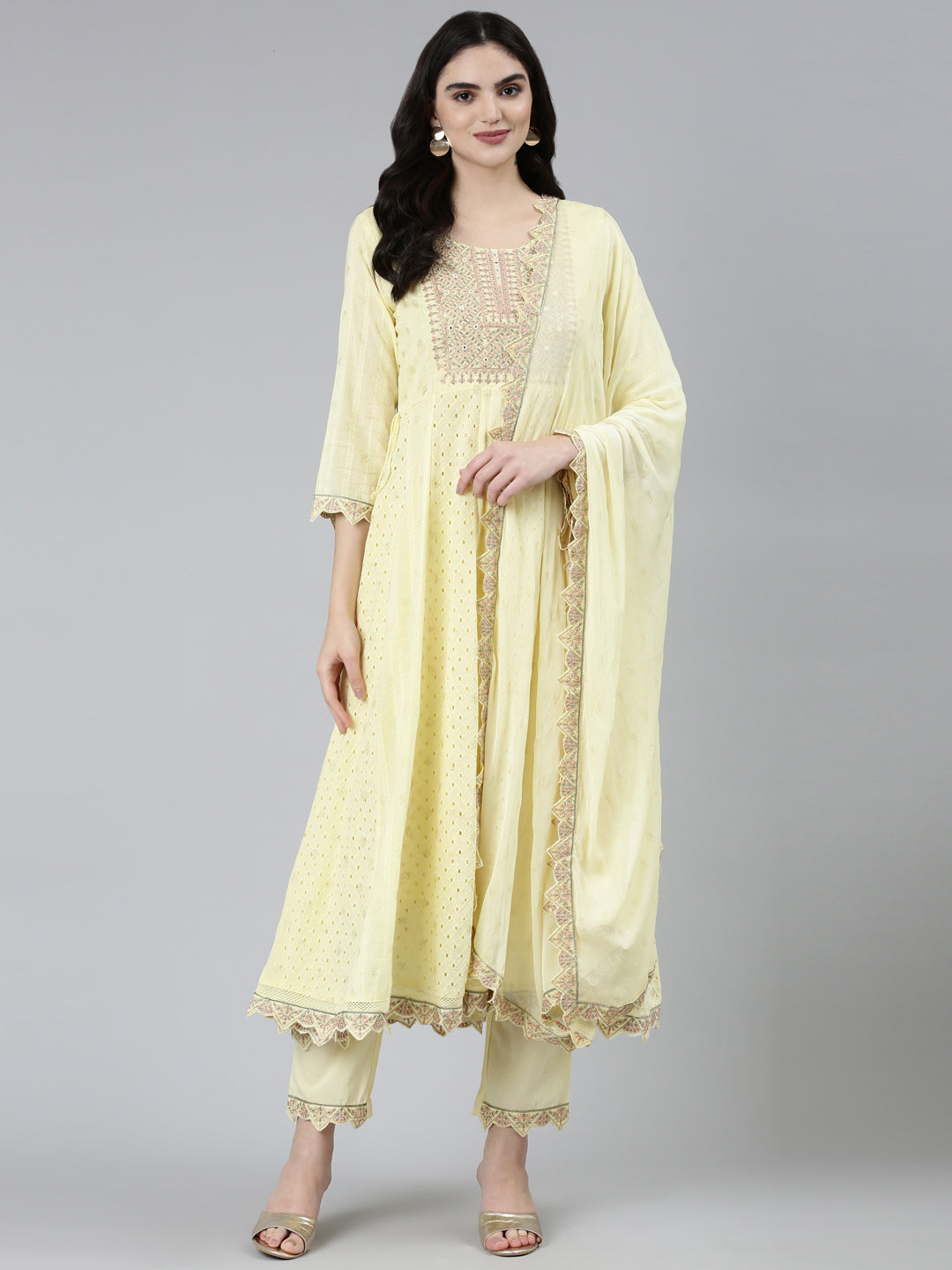 Neerus Yellow printed ethnic kurta set with trouser and dupatta - detail view 2