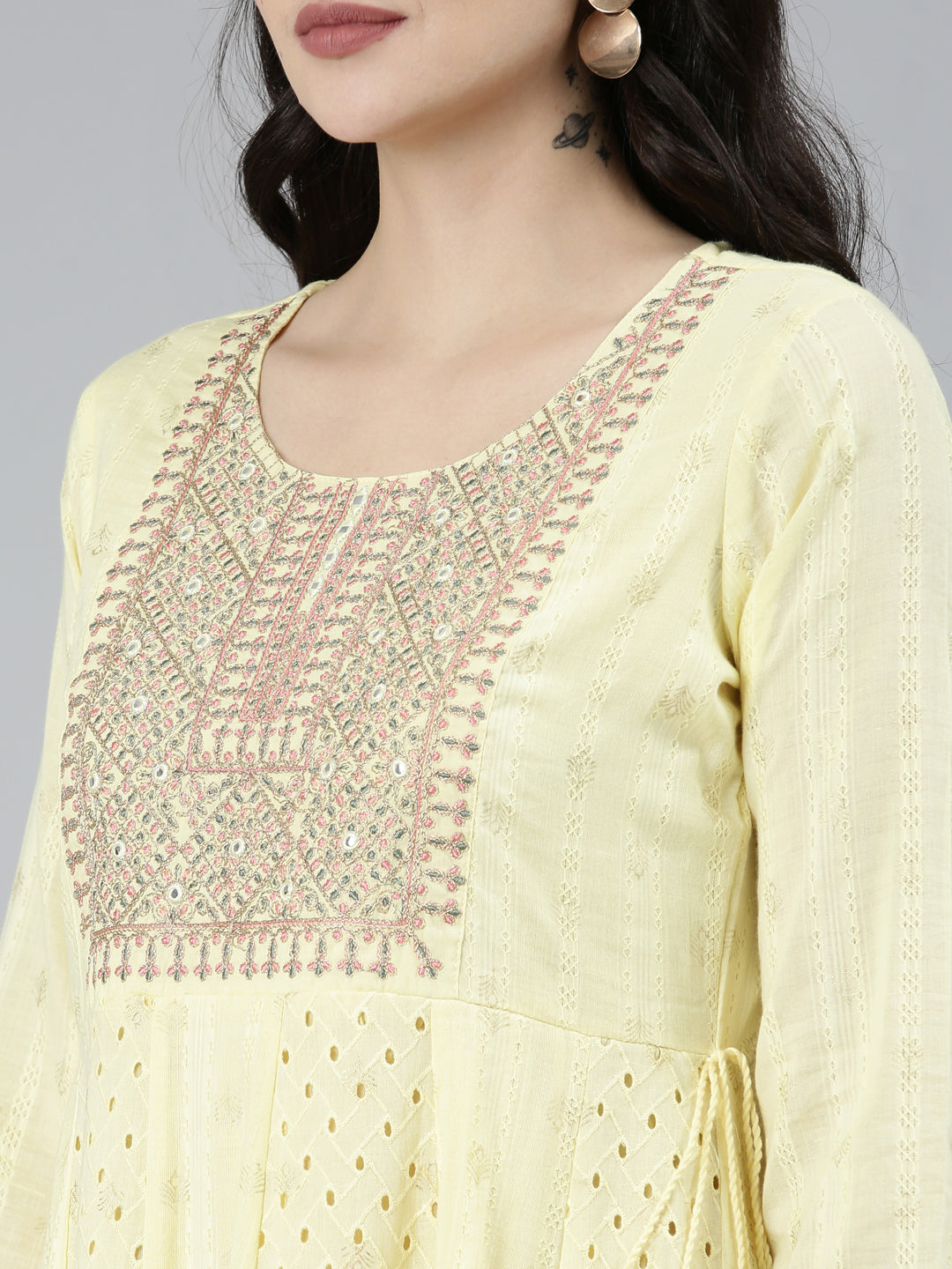 Neerus Yellow printed ethnic kurta set with trouser and dupatta - detail view 1