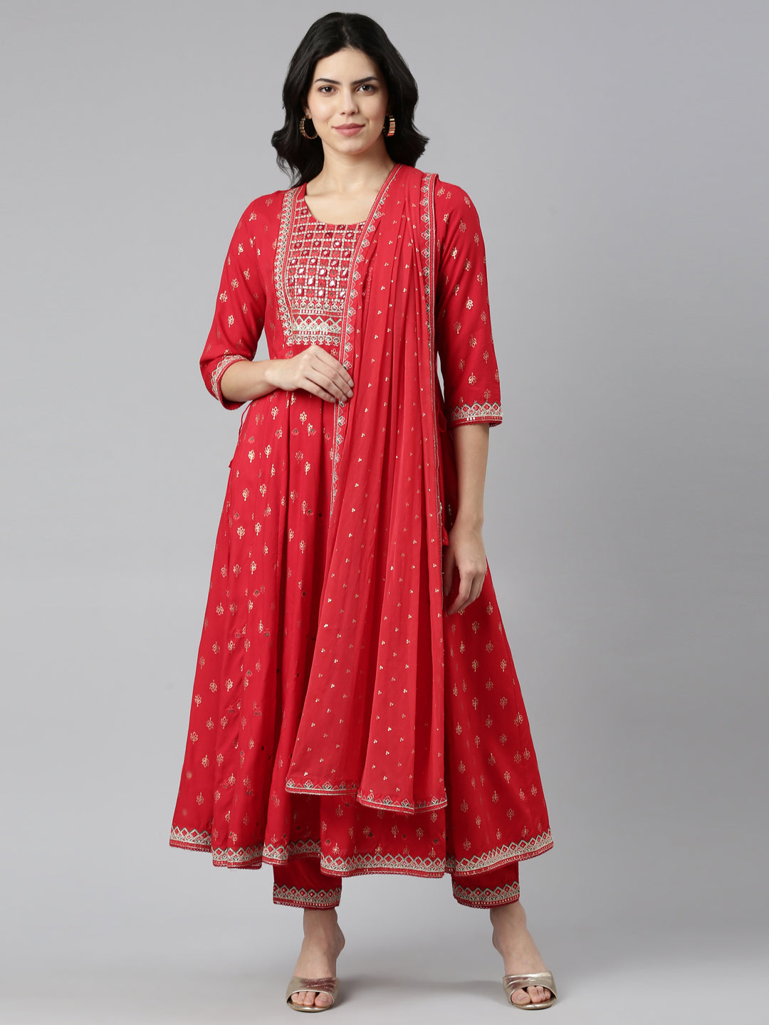 Neerus Red printed straight kurta set with dupatta - front view