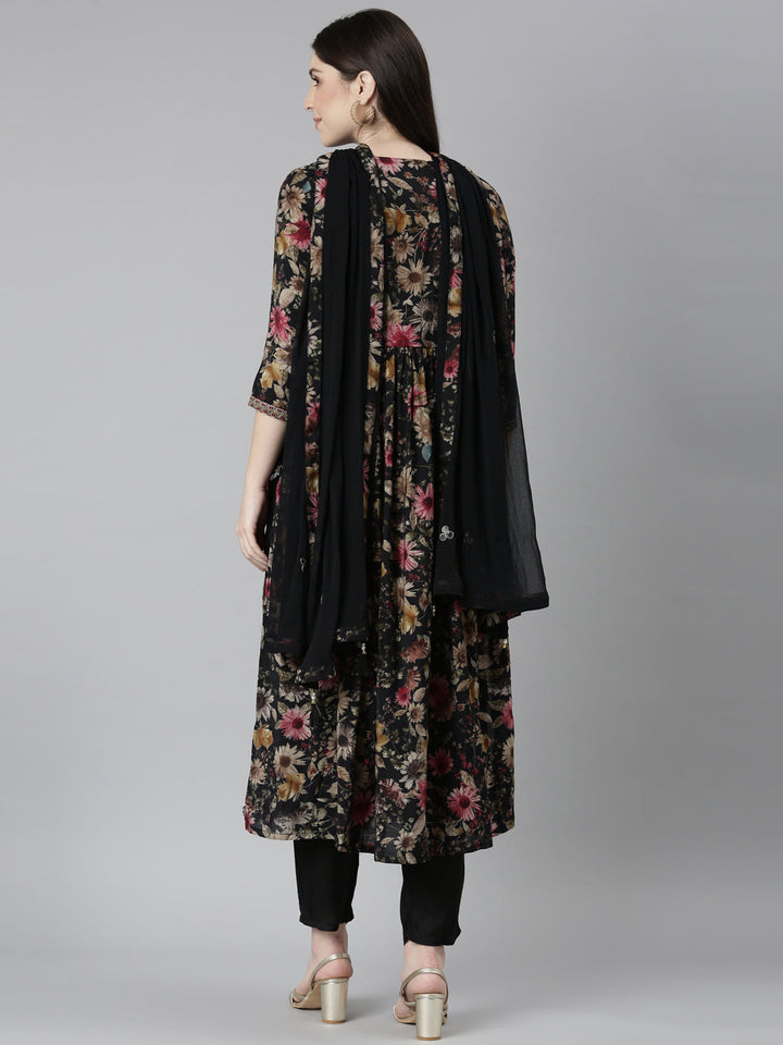 Neerus Black floral printed straight kurta set - side view