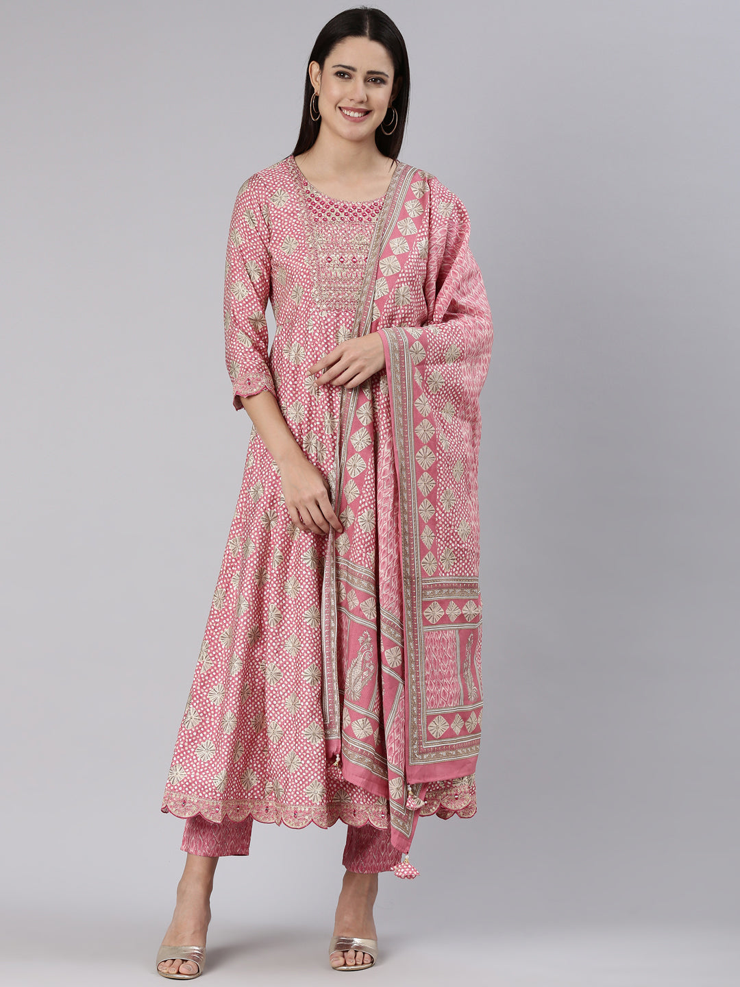 Neerus Pink straight kurta set with trouser and dupatta - front view