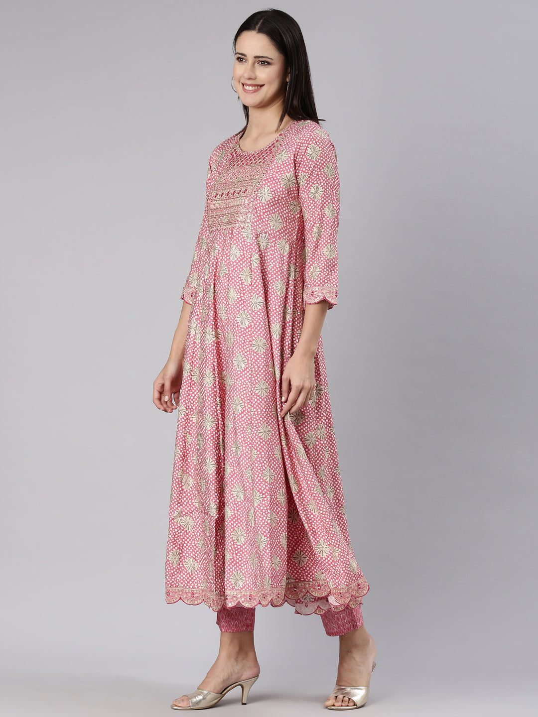 Neerus Pink straight kurta set with trouser and dupatta - back view