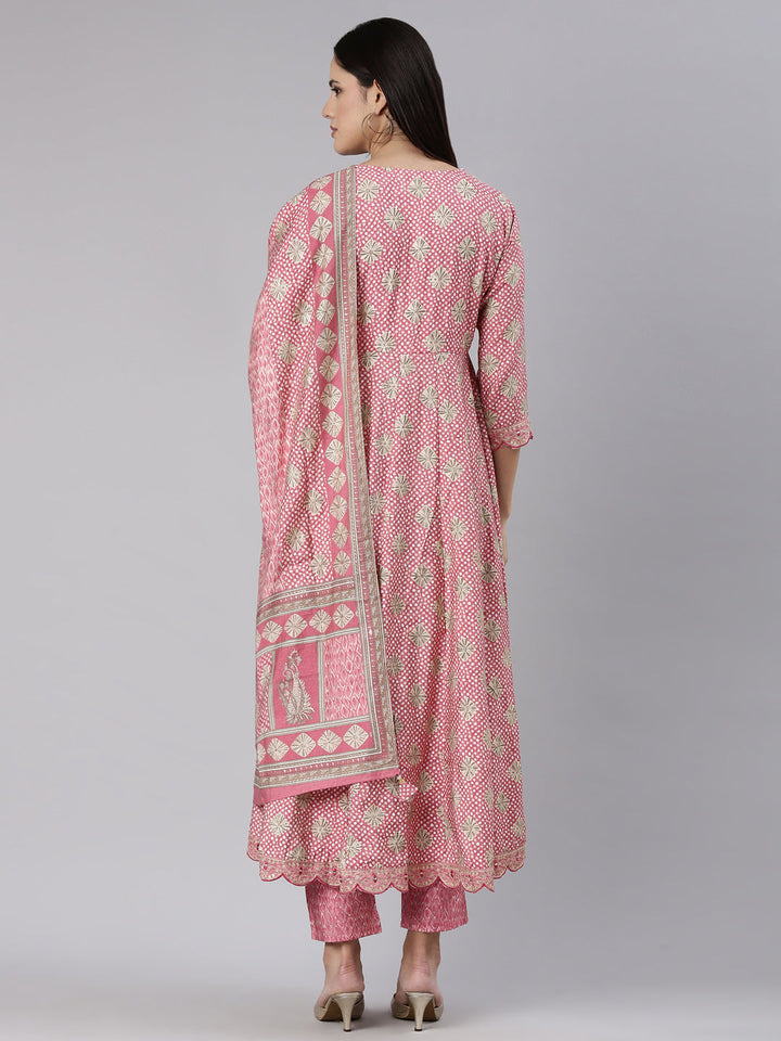 Neerus Pink straight kurta set with trouser and dupatta - side view