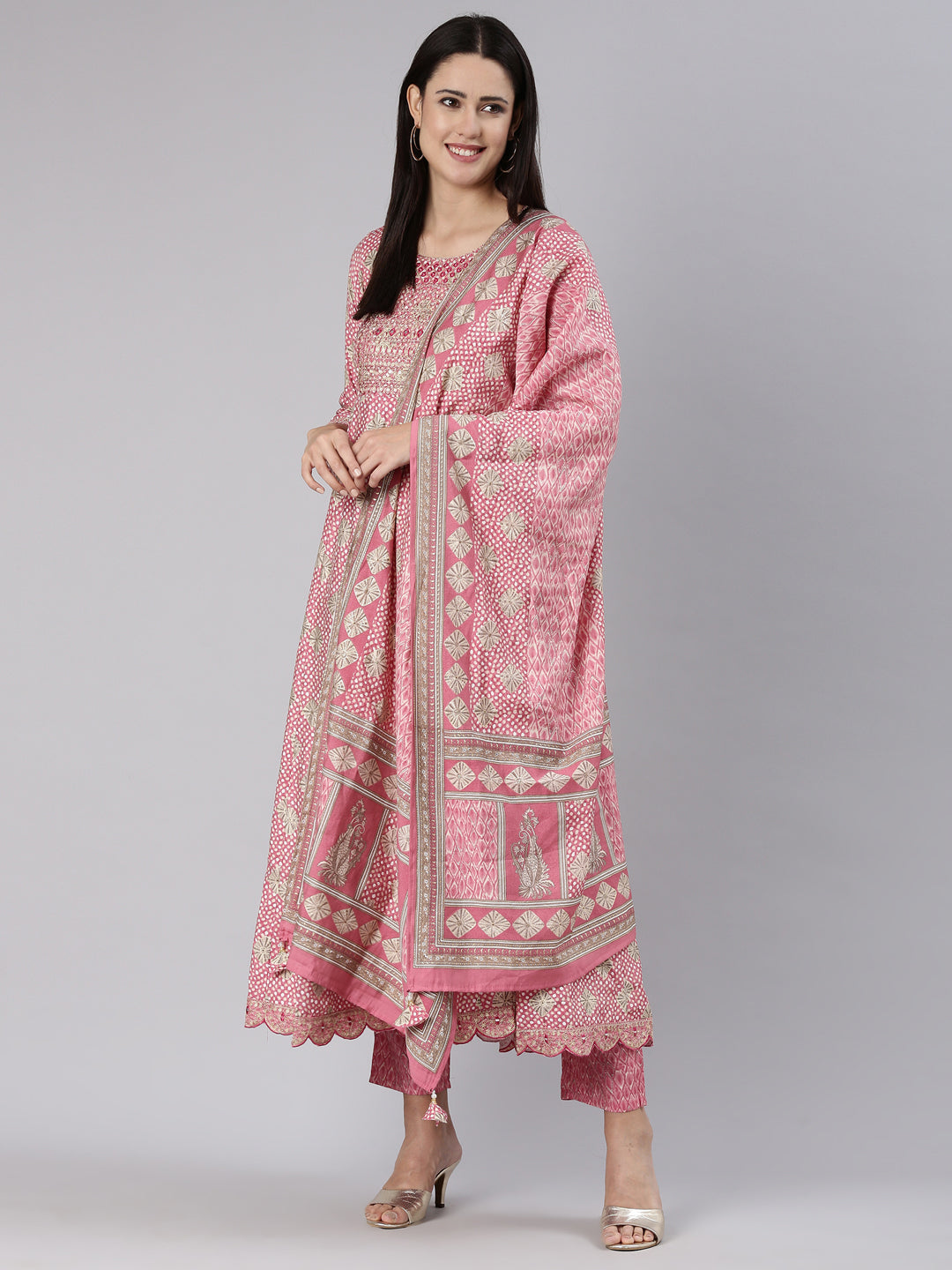 Neerus Pink straight kurta set with trouser and dupatta - detail view 2