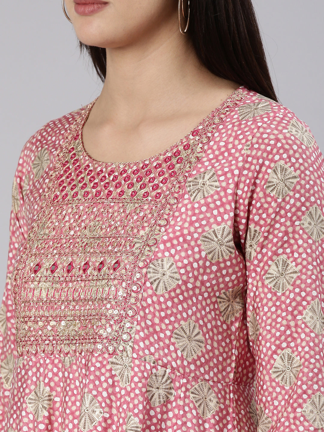 Neerus Pink straight kurta set with trouser and dupatta - detail view 1