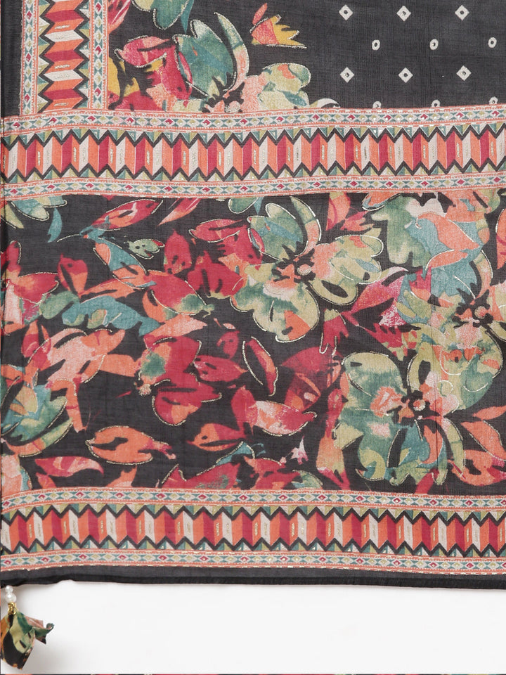 Neerus Black floral printed straight kurta set - detail view 4