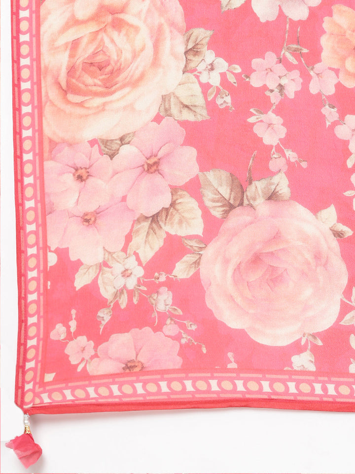 Neerus Red printed floral kurta set with trouser and dupatta - detail view 4