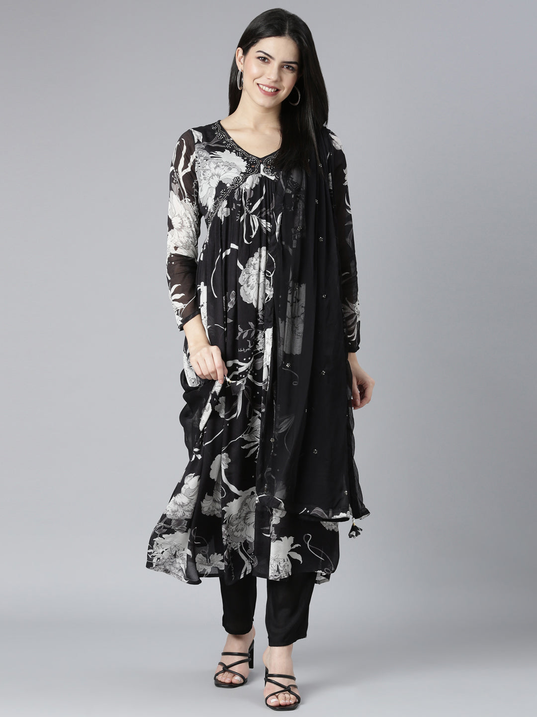 Neerus Black floral printed kurta set with trouser and dupatta - front view