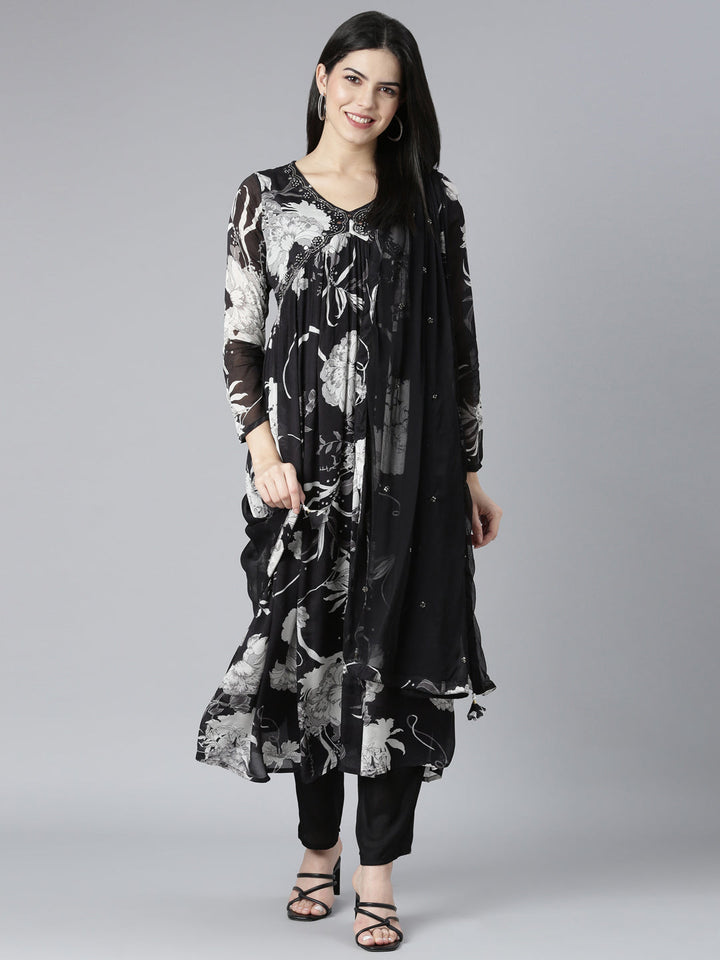 Neerus Black floral printed kurta set with trouser and dupatta - front view