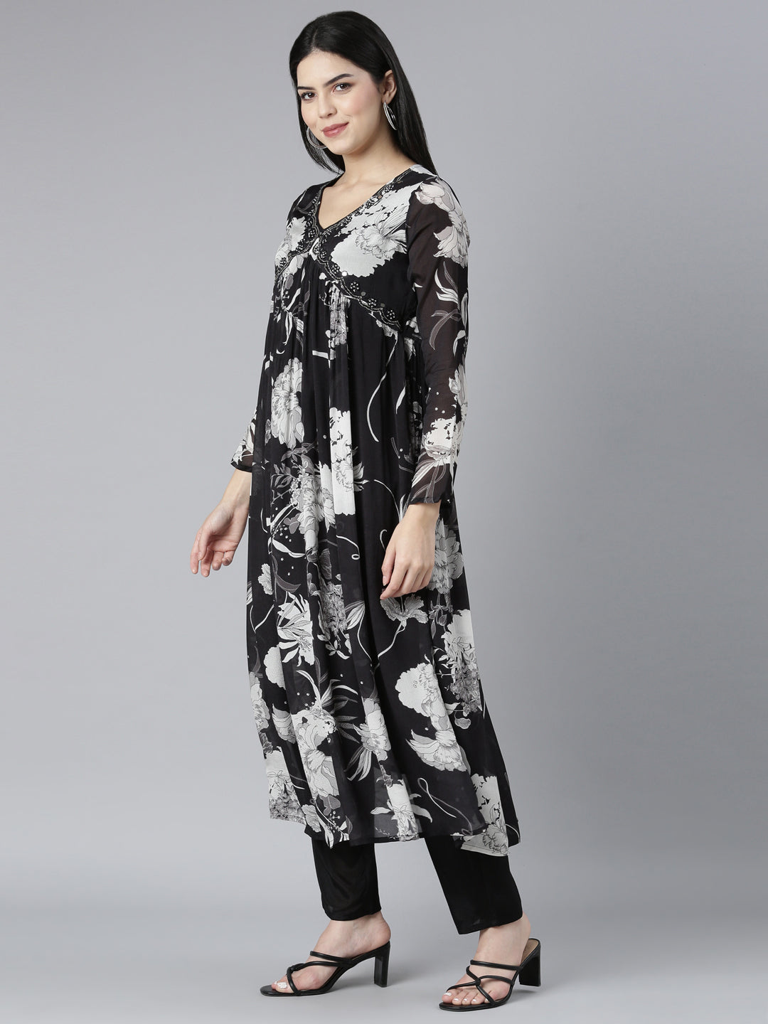 Neerus Black floral printed kurta set with trouser and dupatta - back view