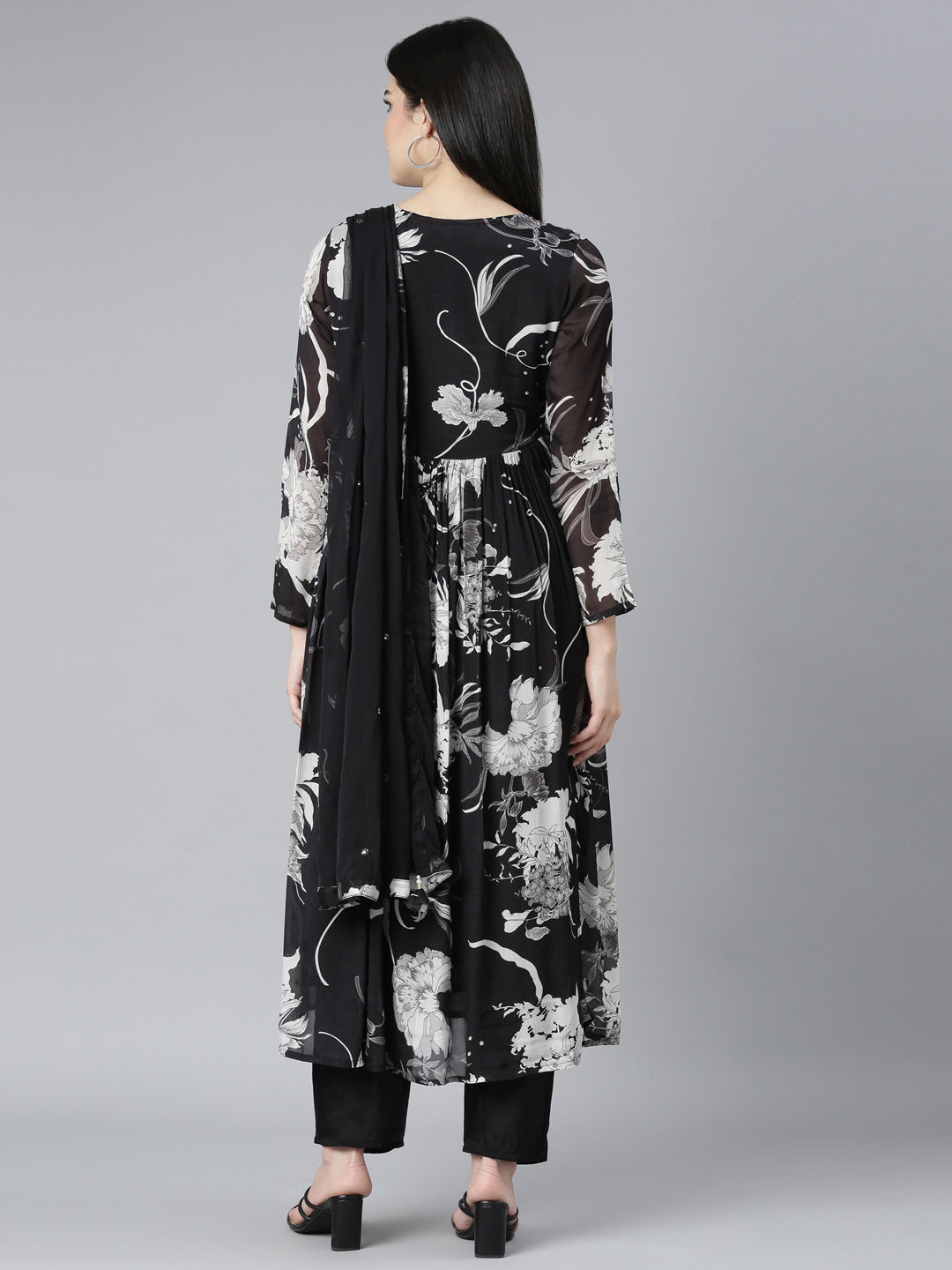 Neerus Black floral printed kurta set with trouser and dupatta - side view