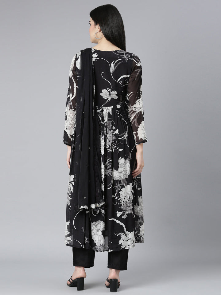 Neerus Black floral printed kurta set with trouser and dupatta - side view