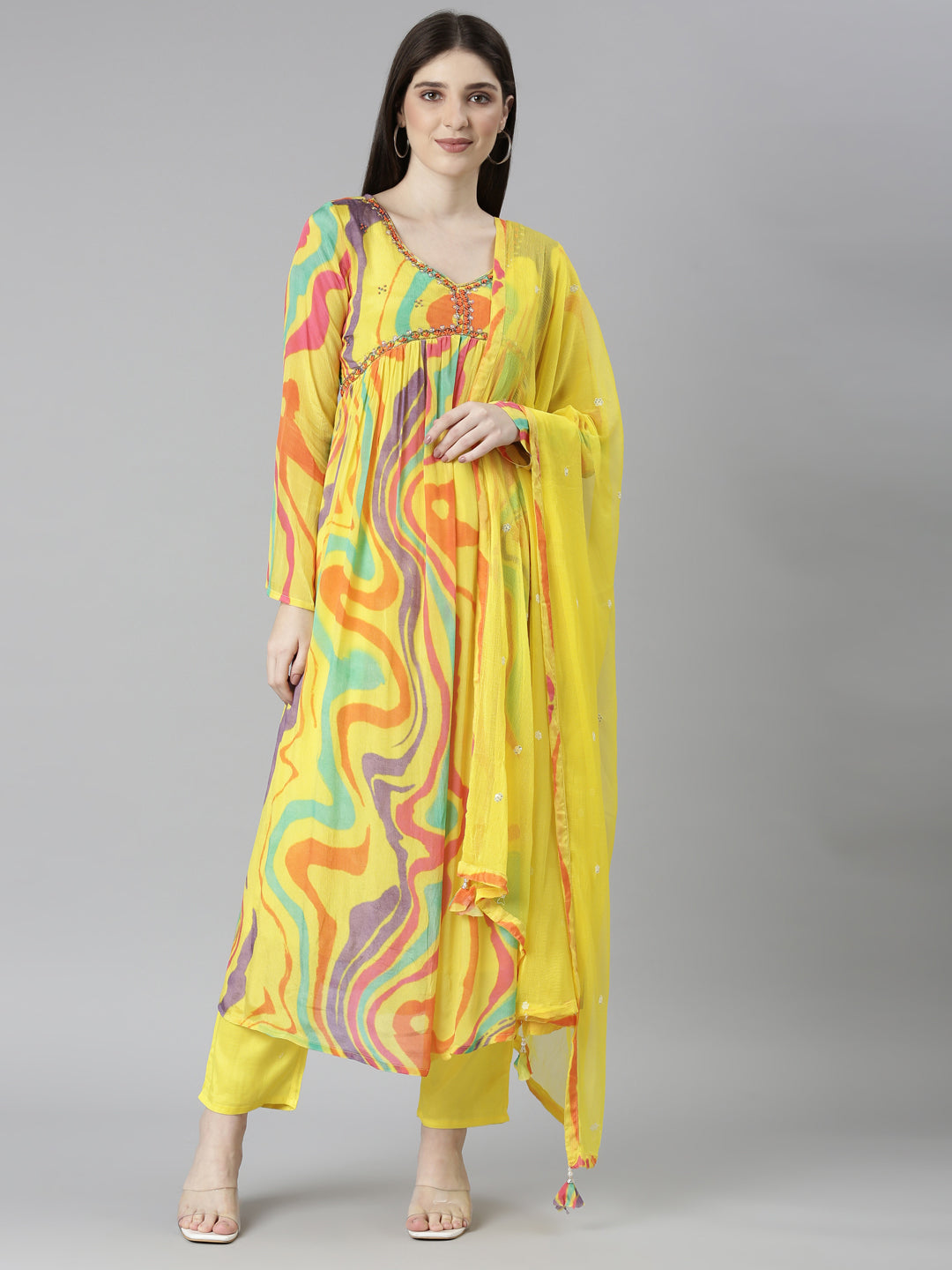 Neerus Yellow printed straight kurta set with trouser and dupatta - front view