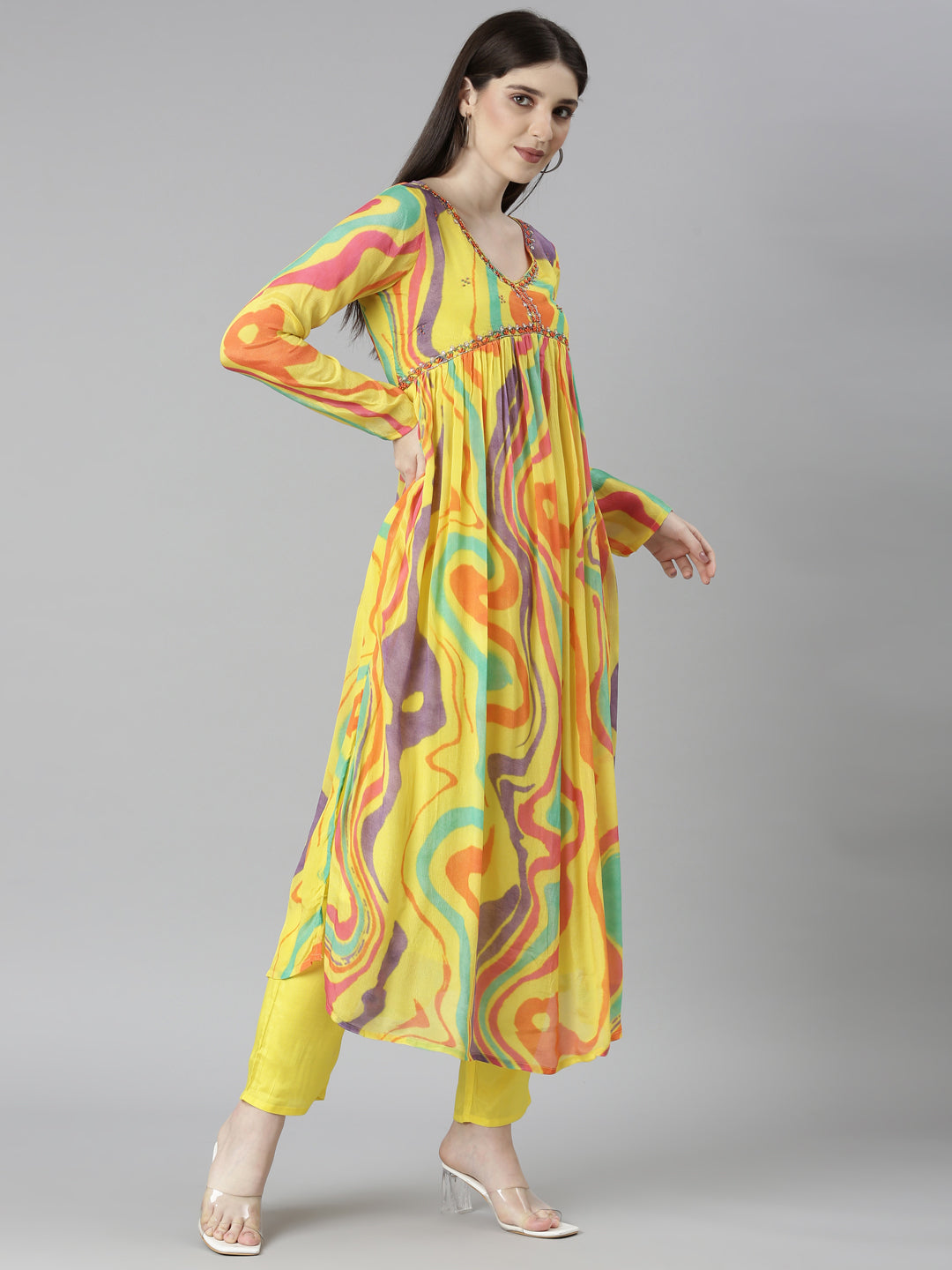 Neerus Yellow printed straight kurta set with trouser and dupatta - back view