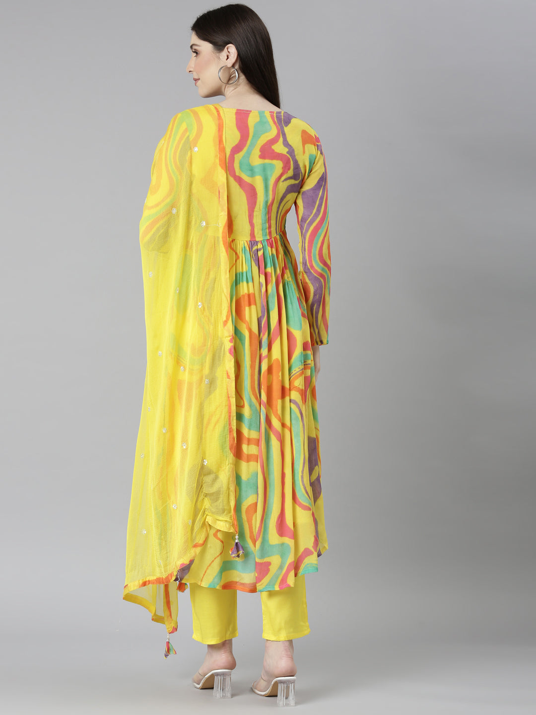 Neerus Yellow printed straight kurta set with trouser and dupatta - side view