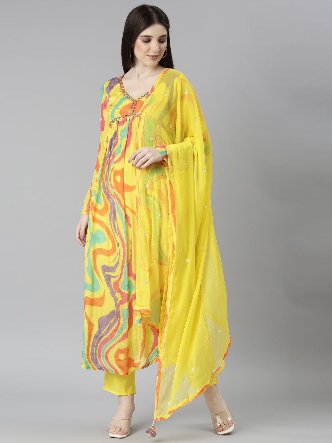 Neerus Yellow printed straight kurta set with trouser and dupatta - detail view 2