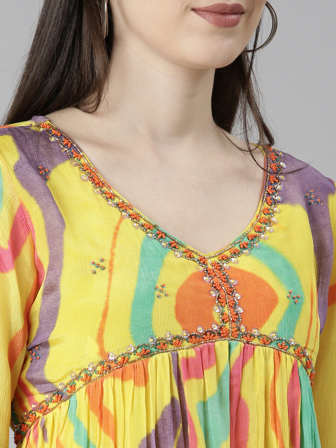 Neerus Yellow printed straight kurta set with trouser and dupatta - detail view 1