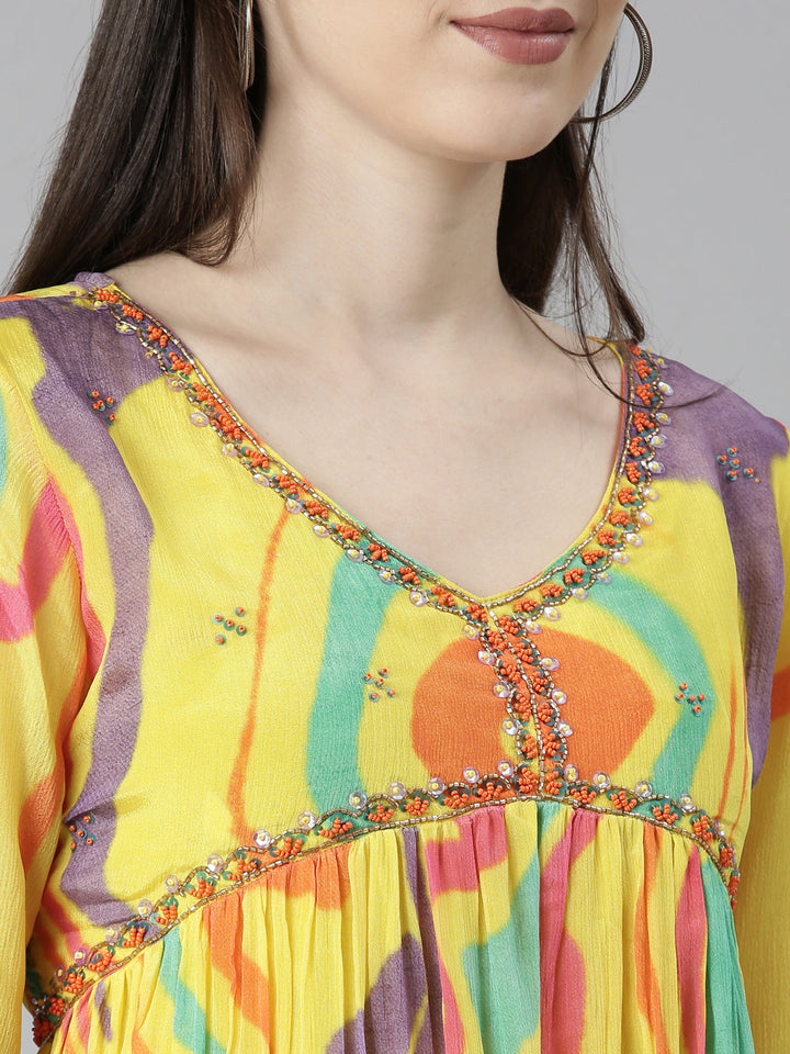 Neerus Yellow printed straight kurta set with trouser and dupatta - detail view 1