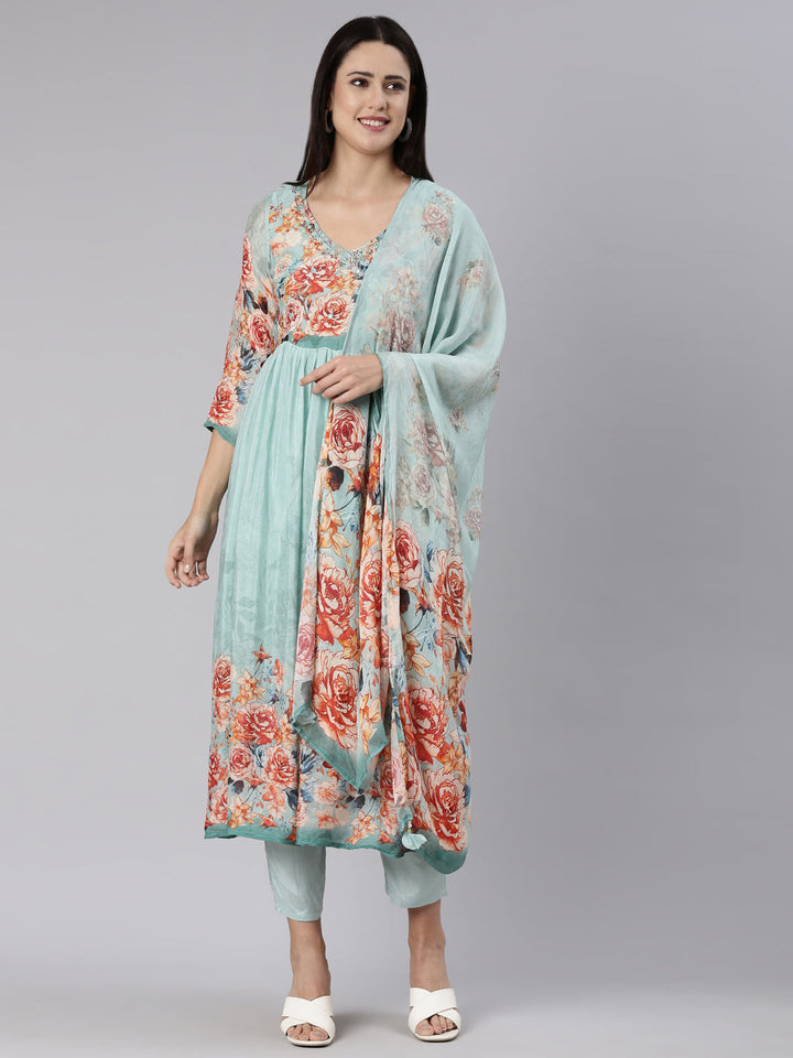 Neerus Blue chiffon printed kurta set - front view