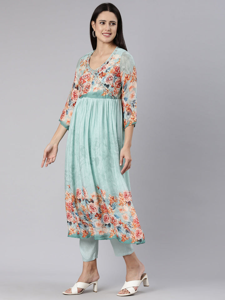 Neerus Blue chiffon printed kurta set - back view