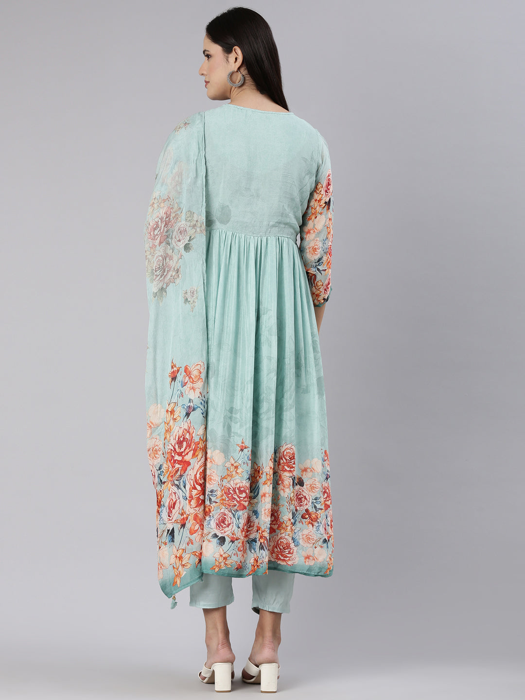Neerus Blue chiffon printed kurta set - side view