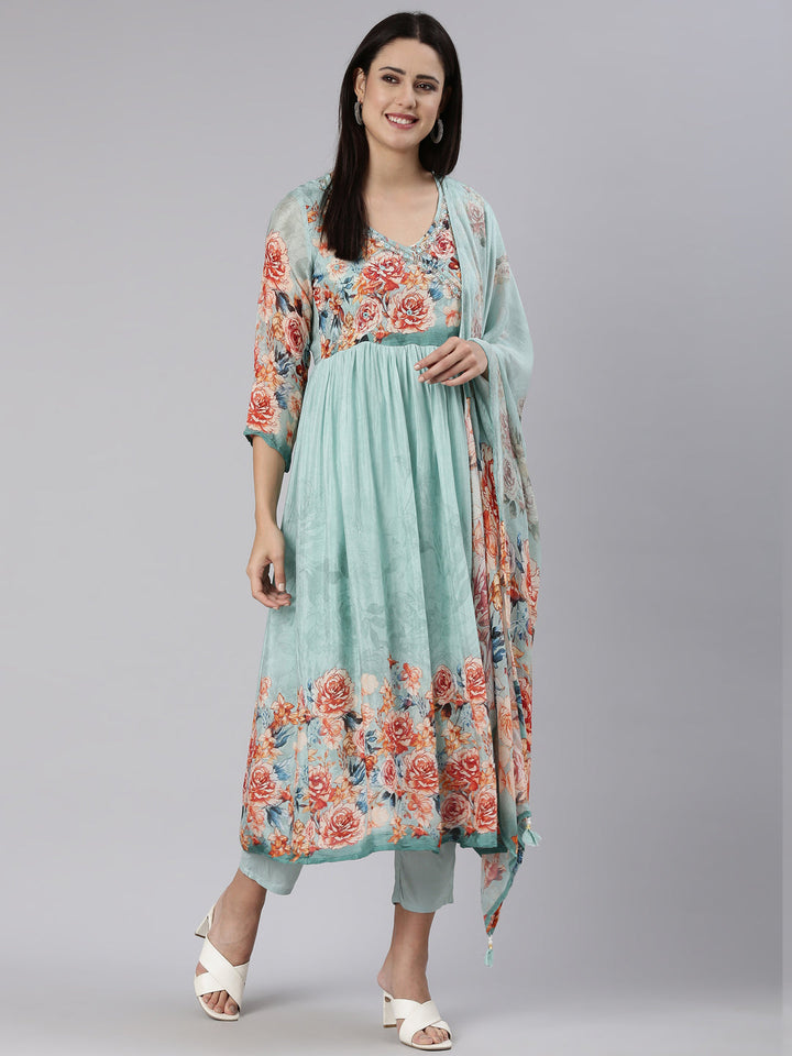 Neerus Blue chiffon printed kurta set - detail view 2