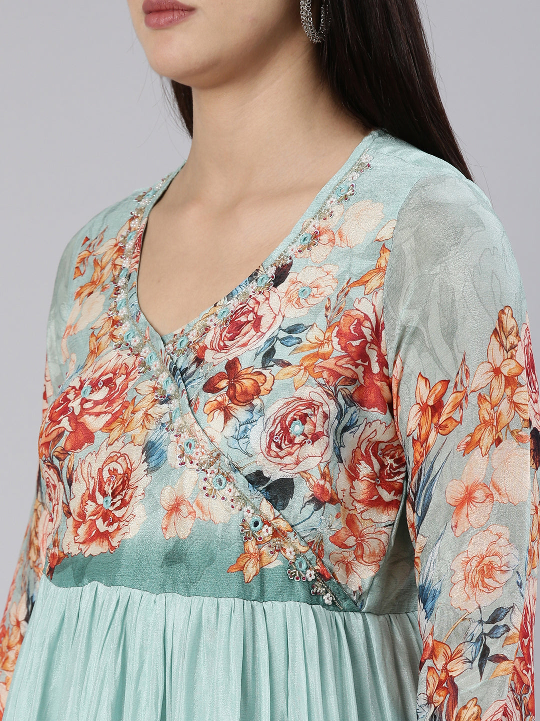 Neerus Blue chiffon printed kurta set - detail view 1