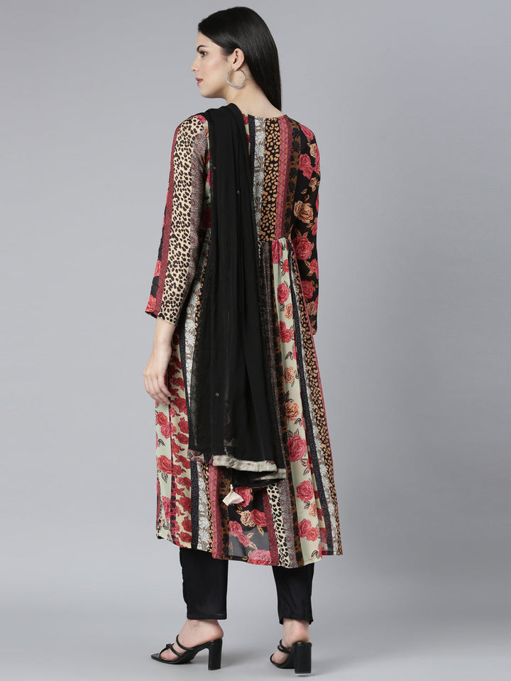 Neerus Multi crepe printed kurta set with trouser and dupatta - side view
