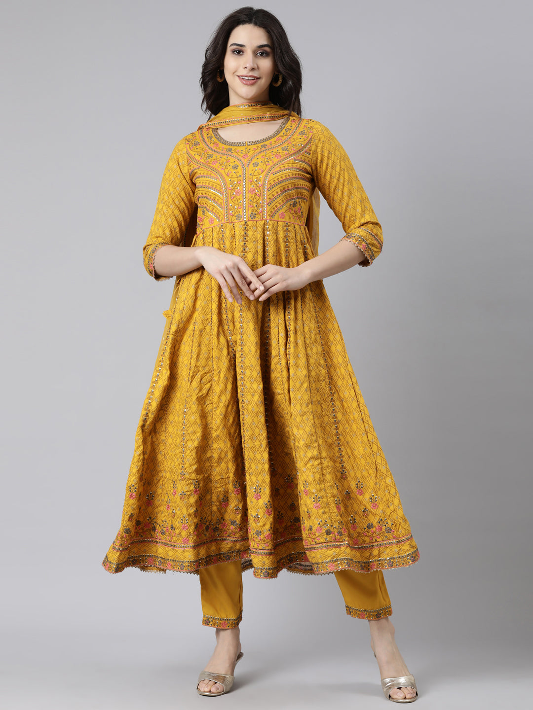 Neerus Yellow viscose rayon printed suit set - front view