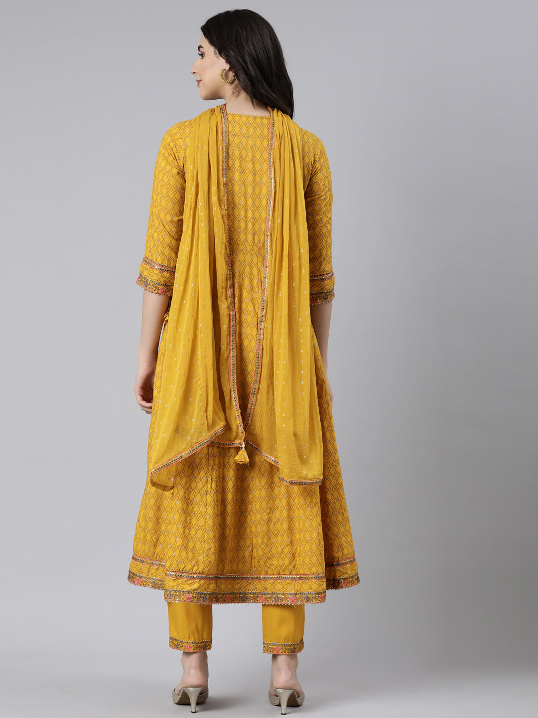 Neerus Yellow viscose rayon printed suit set - side view