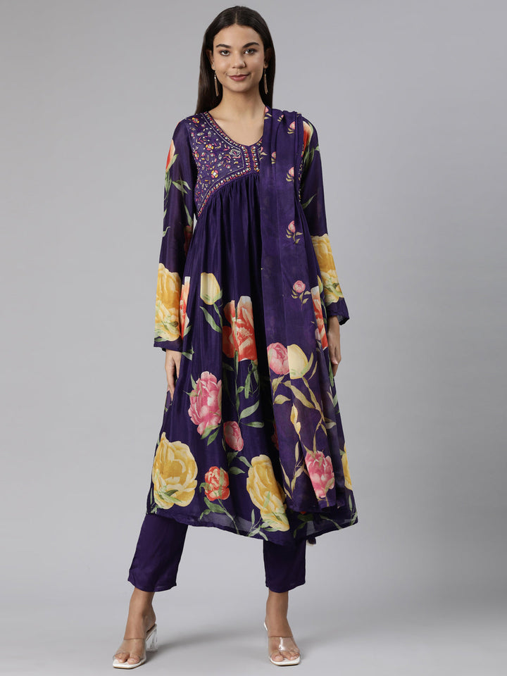 Neerus Purple chiffon printed suit set - front view