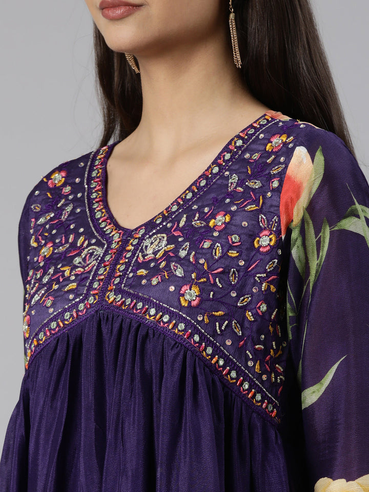 Neerus Purple chiffon printed suit set - detail view 1