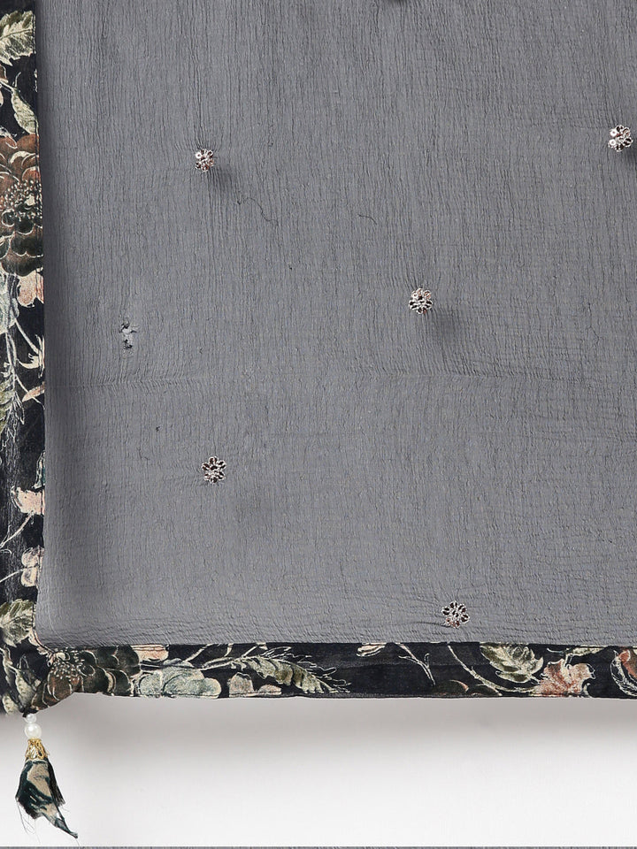 Neerus Blue Floral Printed Kurta Set with Trouser and Dupatta - detail view 4