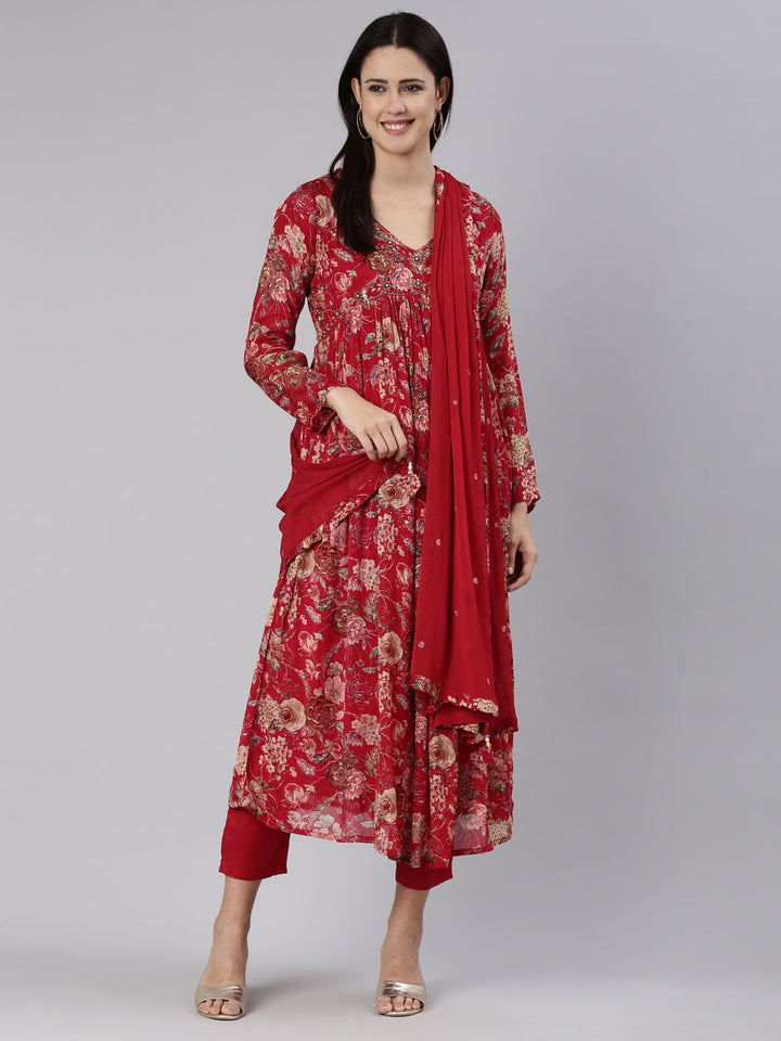 Neerus Red printed Nyra cut kurta set with dupatta - front view