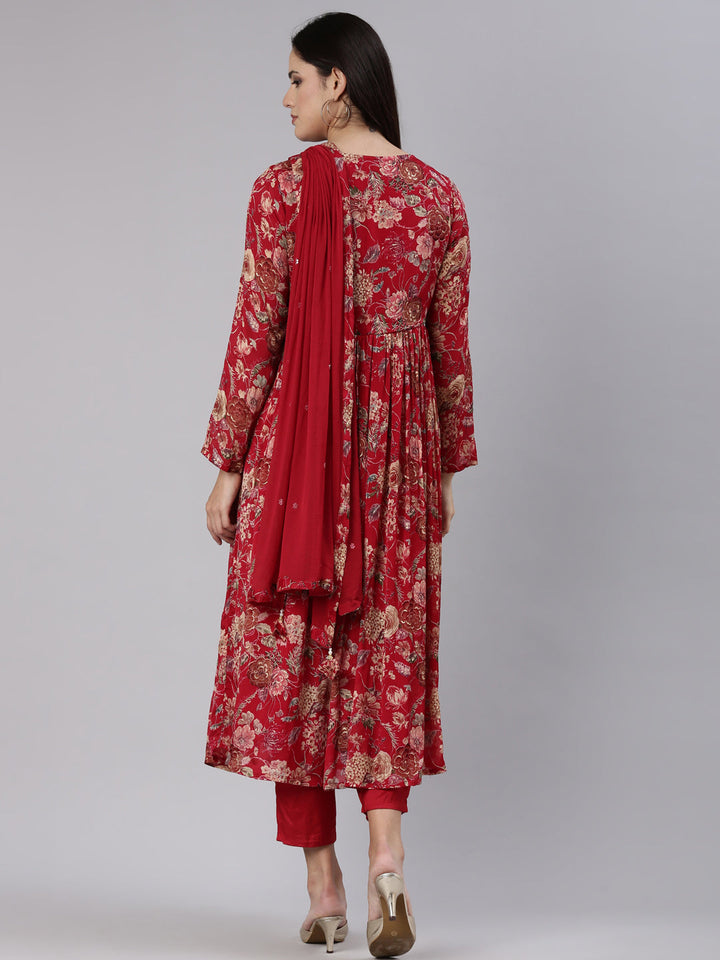 Neerus Red printed Nyra cut kurta set with dupatta - side view