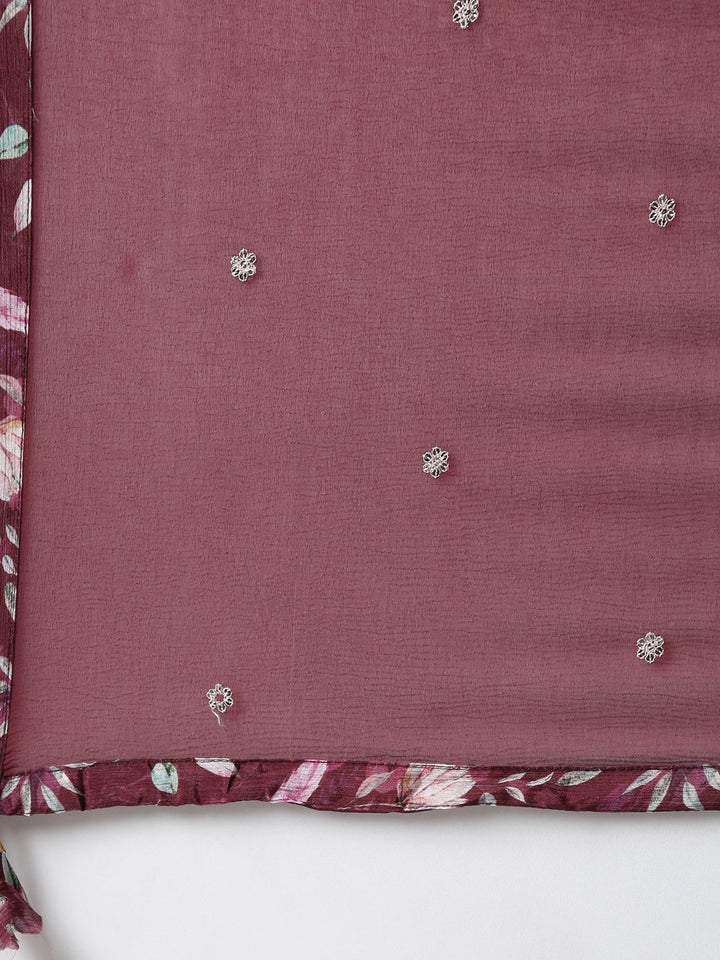 Neerus Purple printed floral kurta set with trouser and dupatta - detail view 4