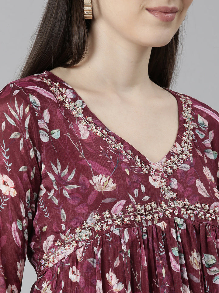Neerus Purple printed floral kurta set with trouser and dupatta - detail view 1