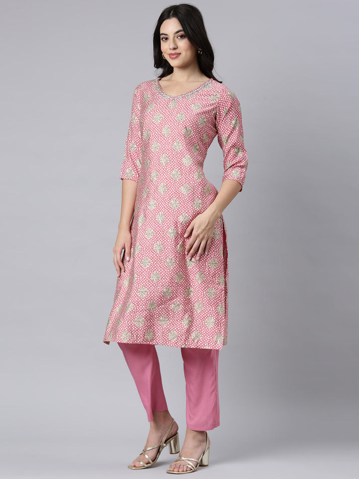 Neerus Pink Bandhani printed straight suit set - back view