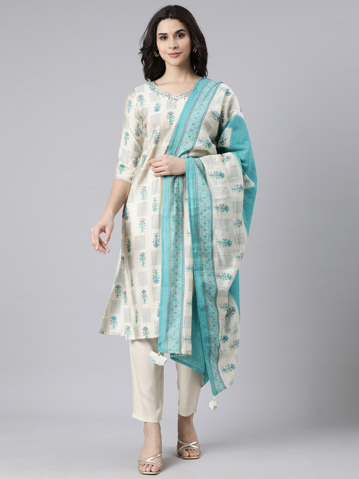 Neerus Beige printed floral suit set straight kurta with trouser and dupatta - front view
