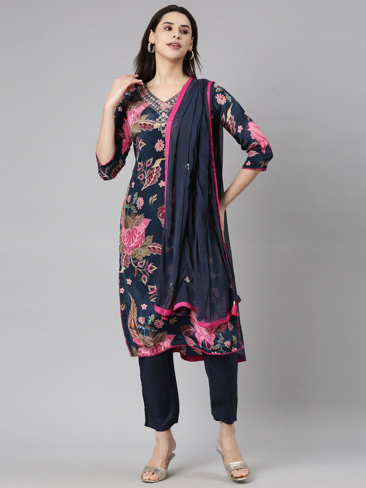 Neerus Blue rayon printed suit set - front view
