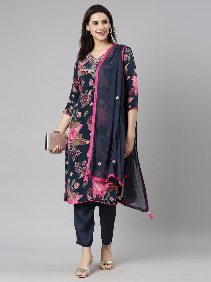 Neerus Blue rayon printed suit set - detail view 2
