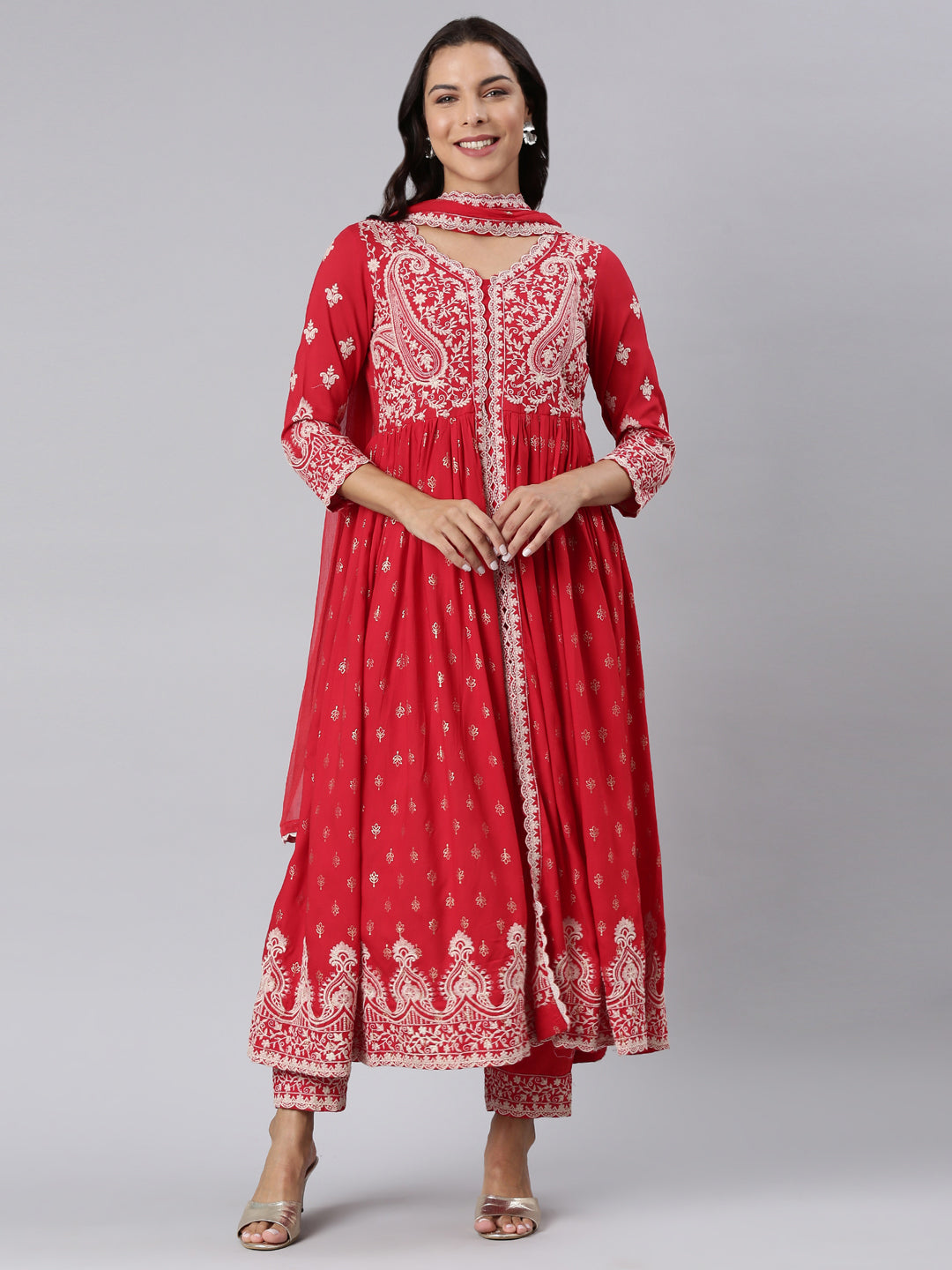 Neerus Red rayon panelled straight suit set - front view