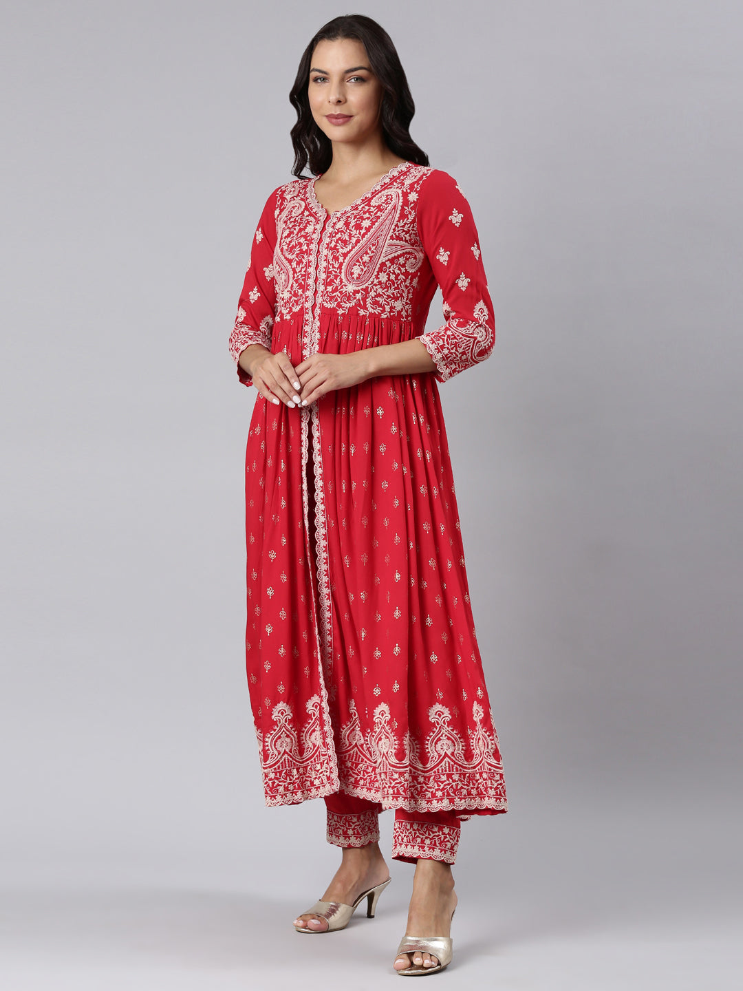Neerus Red rayon panelled straight suit set - back view