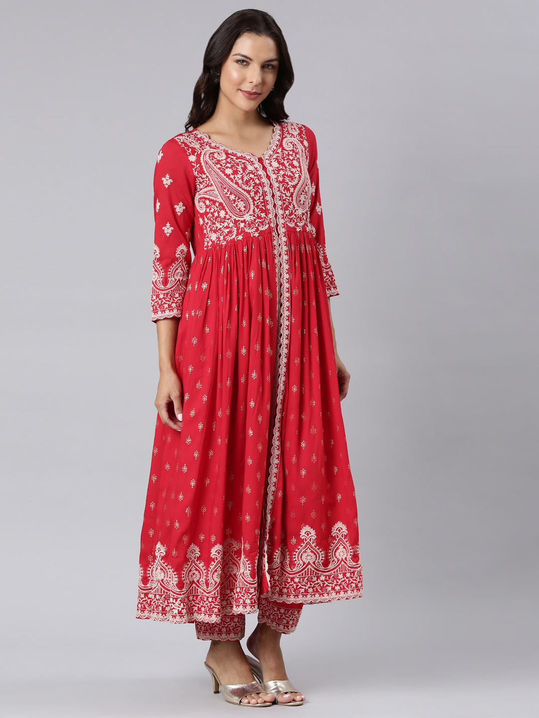 Neerus Red rayon panelled straight suit set - side view