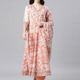 Neerus Peach Anarkali Kurta and Trousers With Dupatta