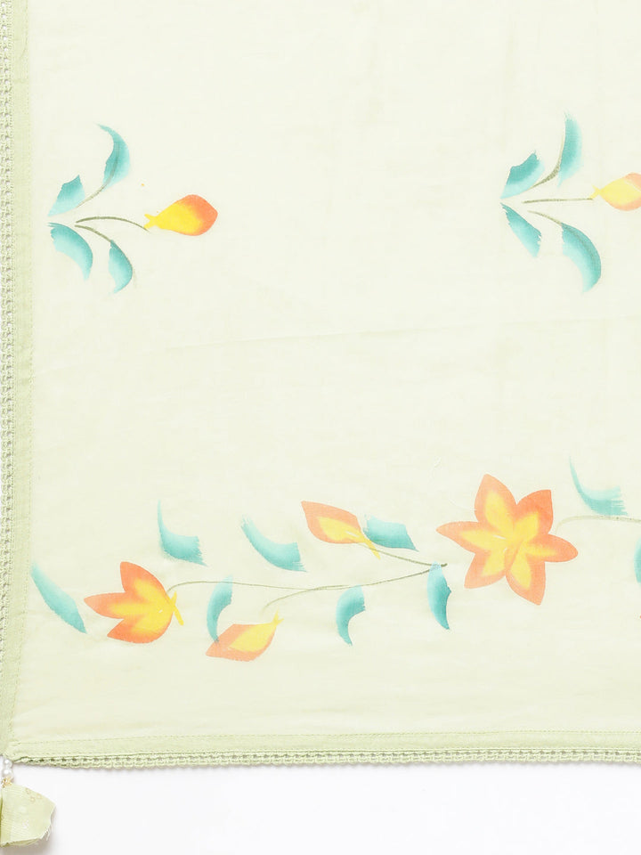 Neerus Green Panelled Straight Printed Kurta And Trousers With Dupatta